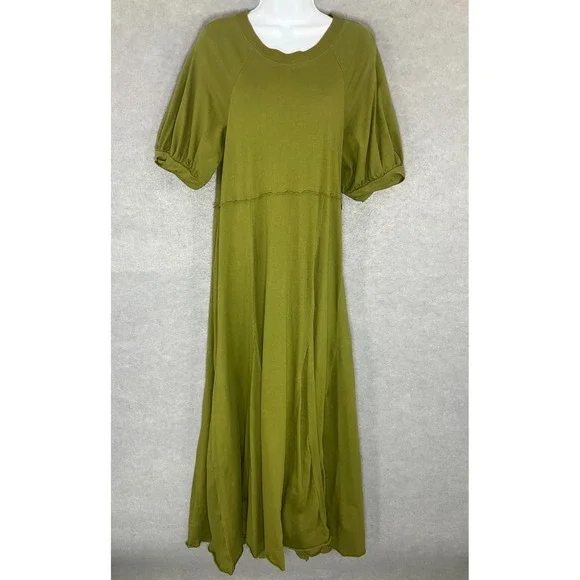 Free People FB Beach Maxi Dress Womens Sz L Green Puff Sleeve Brentwood Flowy - Picture 1 of 13